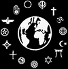 Symbols of many faiths encircle the Earth
